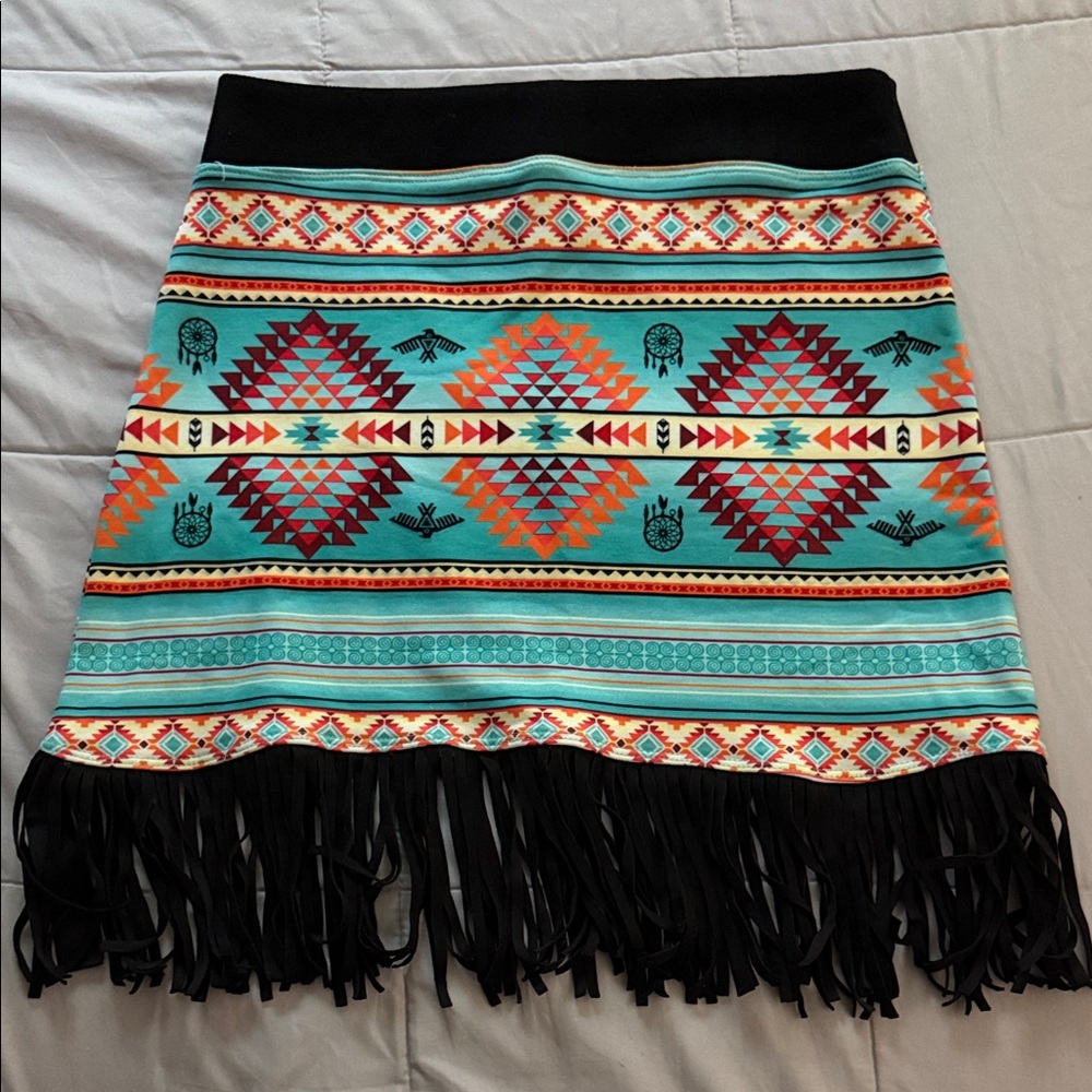 Turquoise Aztec Fringe Mini Skirt - Women